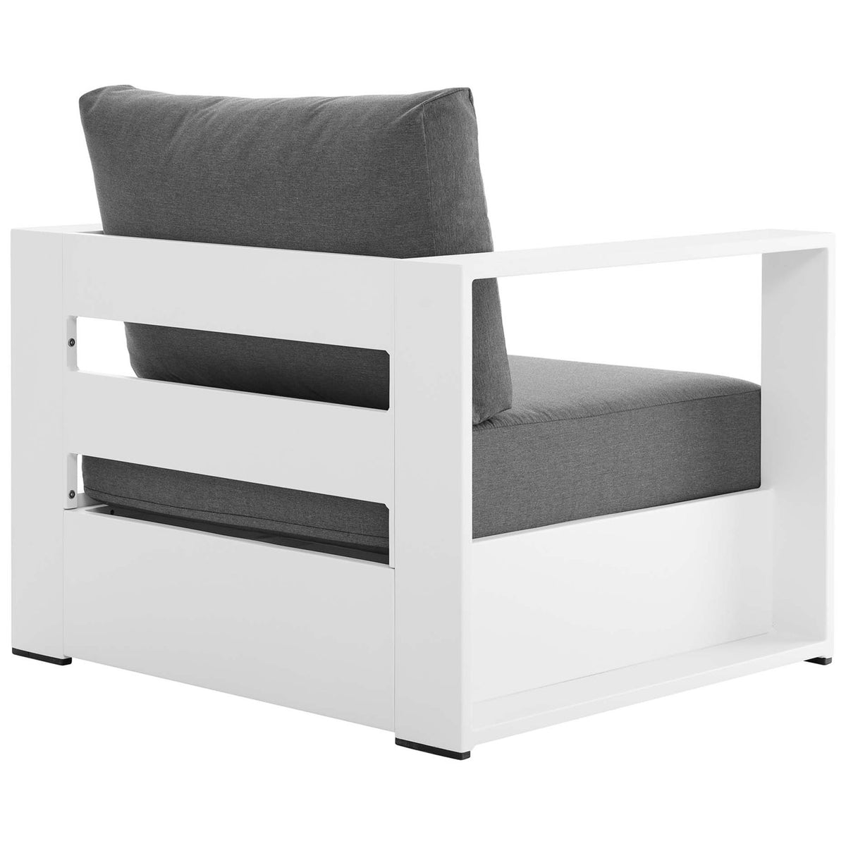 Tahoe patio armchair with wide white back panel and supportive charcoal gray cushions || EEI-5675-WHI-CHA || back_angle_studio