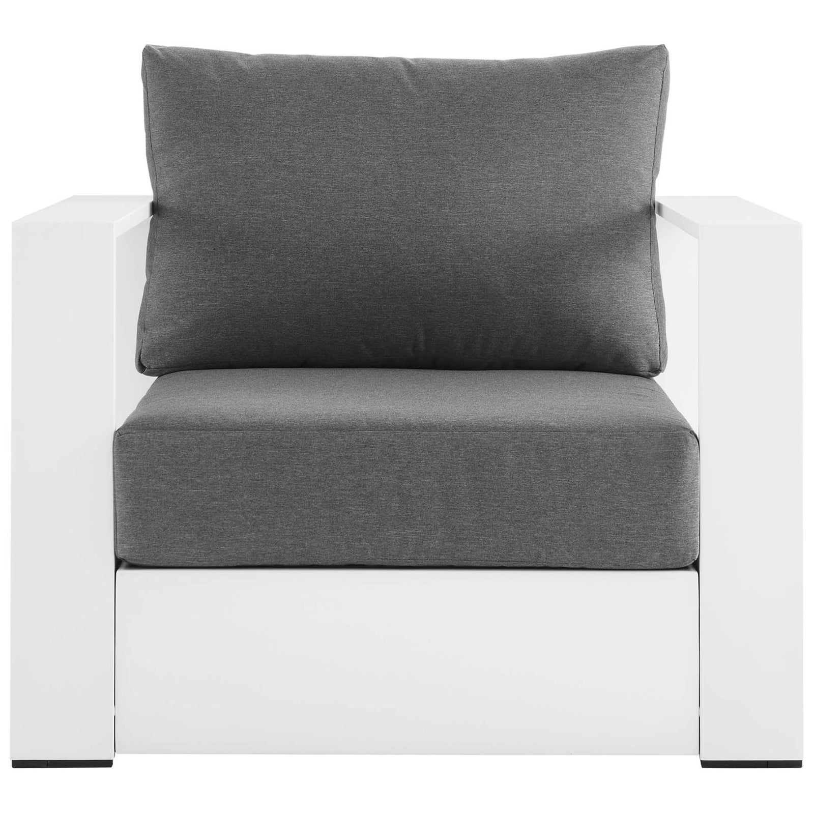 Tahoe aluminum patio armchair with crisp white frame and generously cushioned charcoal gray seat and back || EEI-5675-WHI-CHA || front_studio