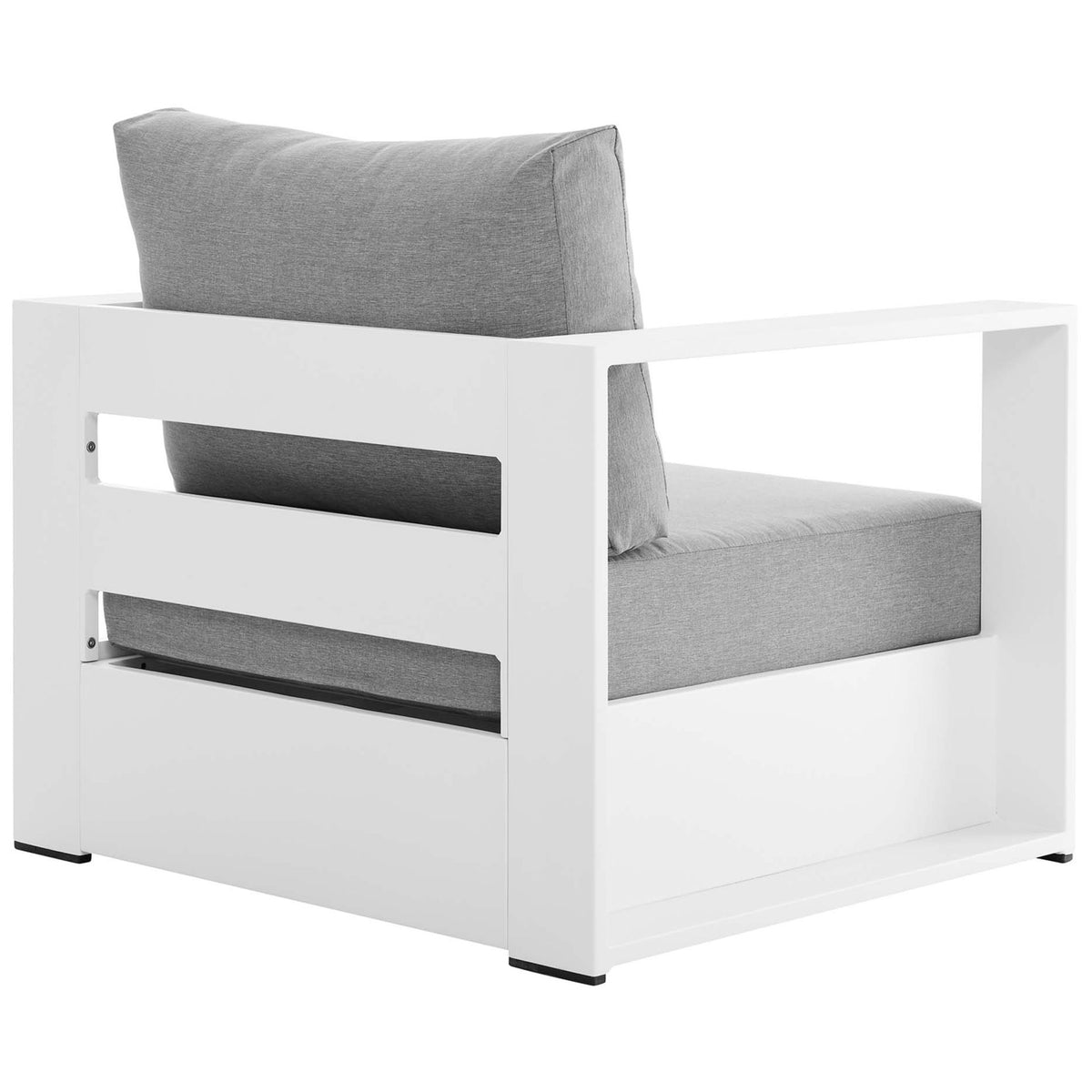 Tahoe patio armchair with wide white back panel and supportive light gray cushions || EEI-5675-WHI-GRY || back_angle_studio
