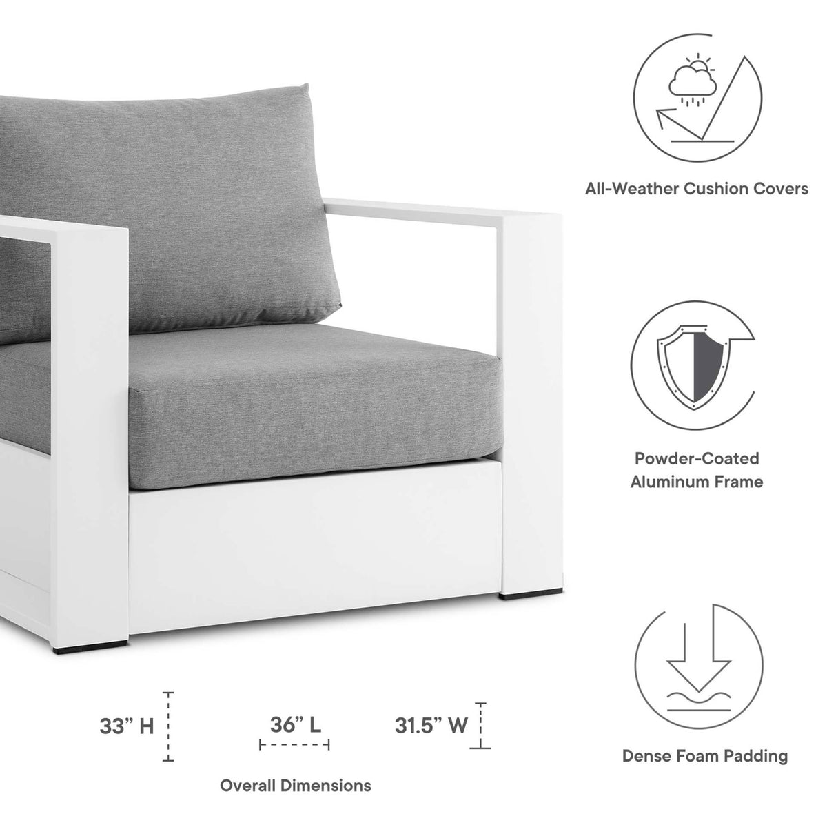 Dimension and feature graphic for the Tahoe white aluminum armchair showing size and cushion details || EEI-5675-WHI-GRY || dimension_studio