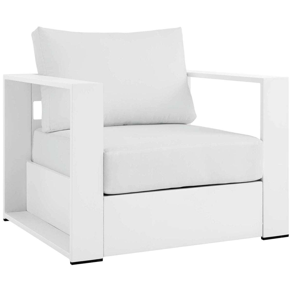 Modern Tahoe outdoor armchair pairing a clean white frame with plush white cushions || EEI-5675-WHI-WHI || front_angle_studio