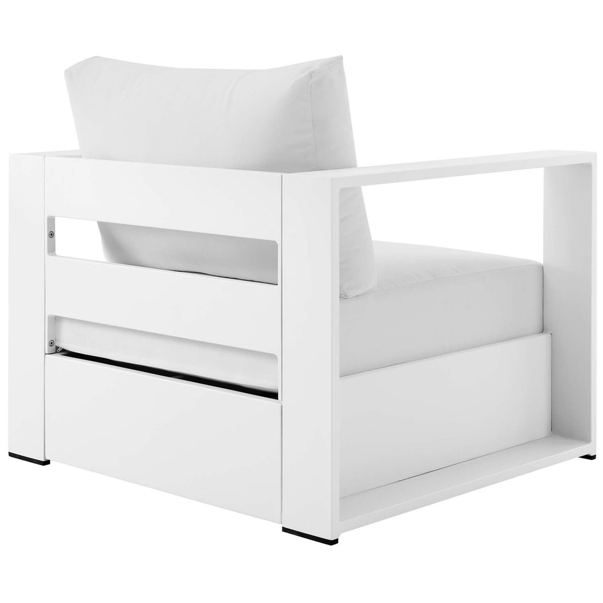 Tahoe patio armchair with broad white back panel and supportive white cushions || EEI-5675-WHI-WHI || back_angle_studio