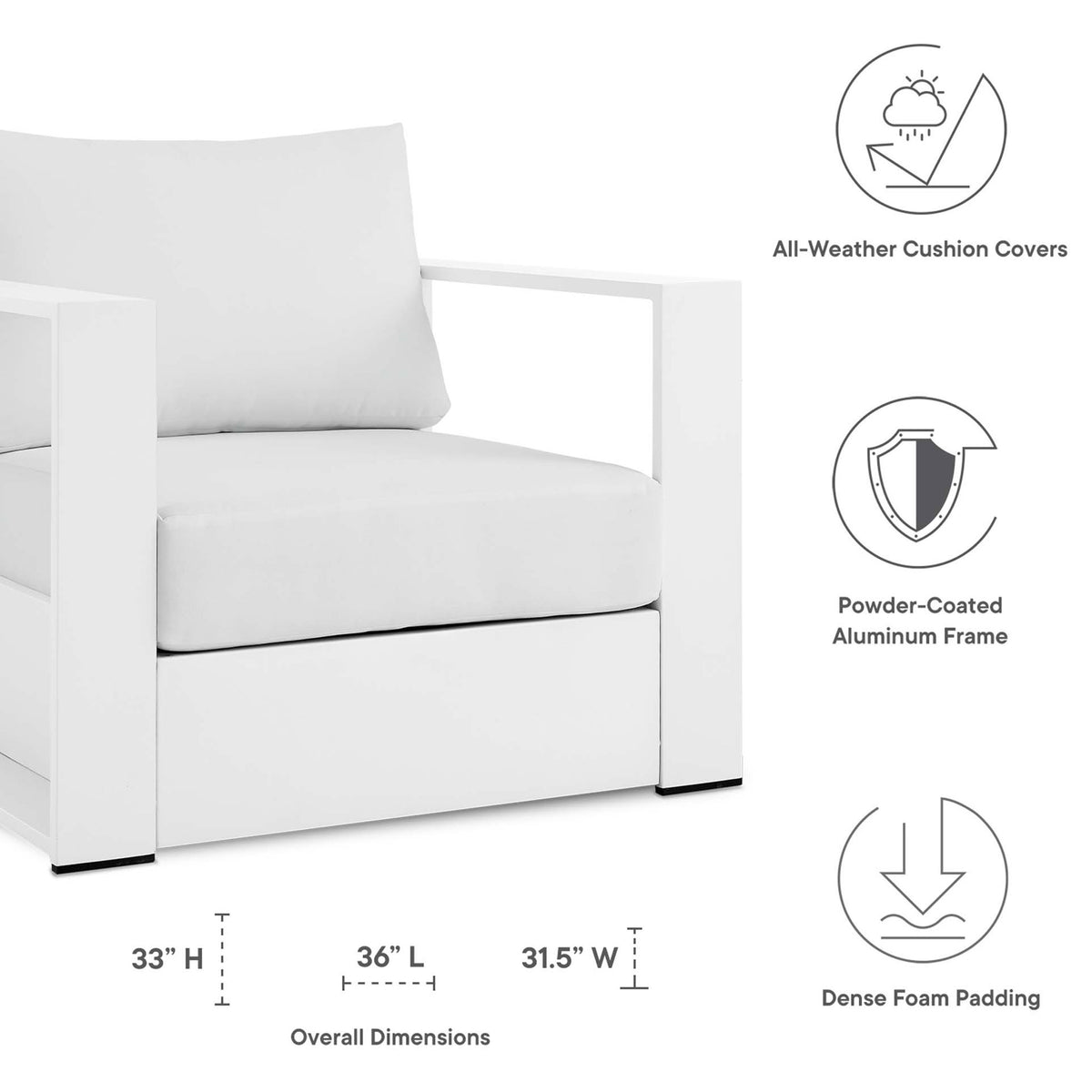 Dimension and feature graphic for the Tahoe all-white aluminum armchair showing size and cushion benefits || EEI-5675-WHI-WHI || dimension_studio