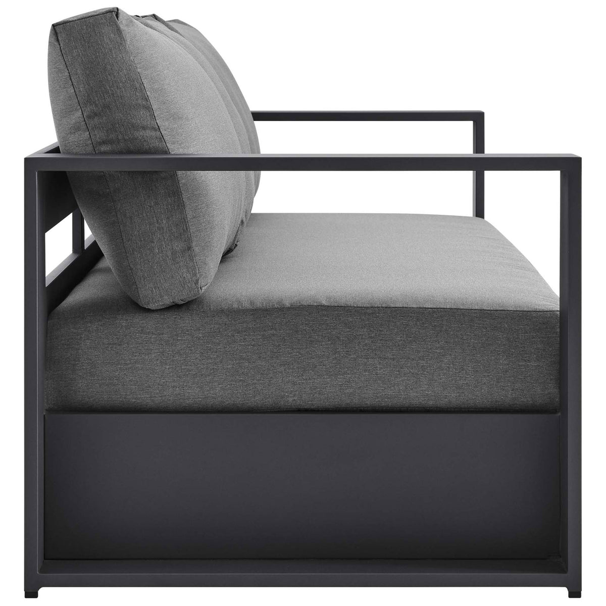 Slim profile of the Tahoe sofa showing deep seat cushions and streamlined charcoal arms. || EEI-5676-GRY-CHA || side_studio