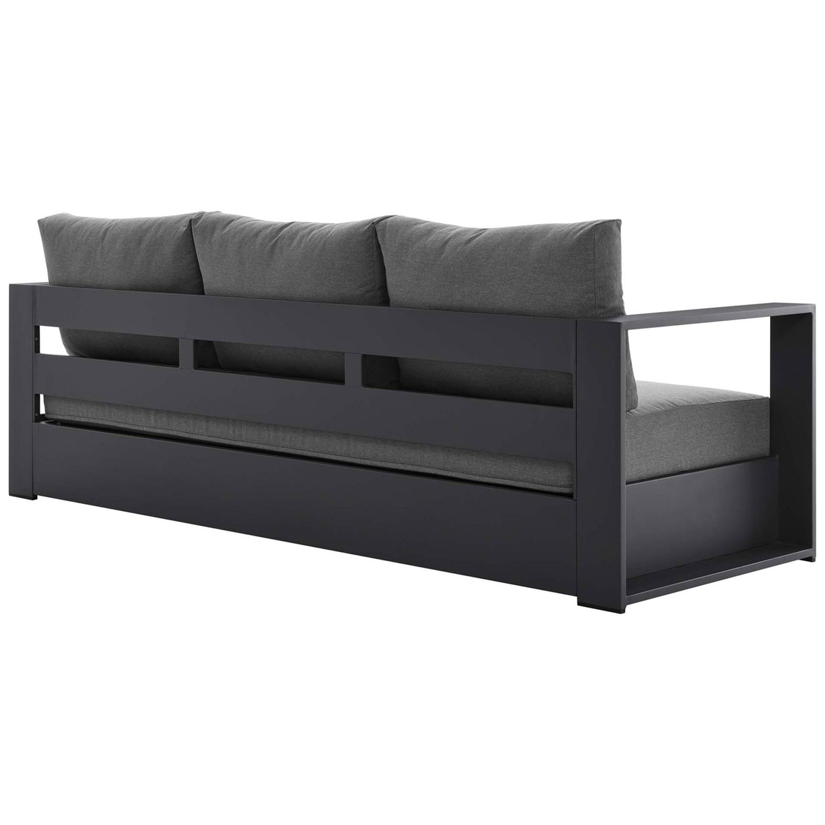 Open slatted back of the Tahoe outdoor sofa framed in charcoal aluminum with dark gray cushions. || EEI-5676-GRY-CHA || back_angle_studio