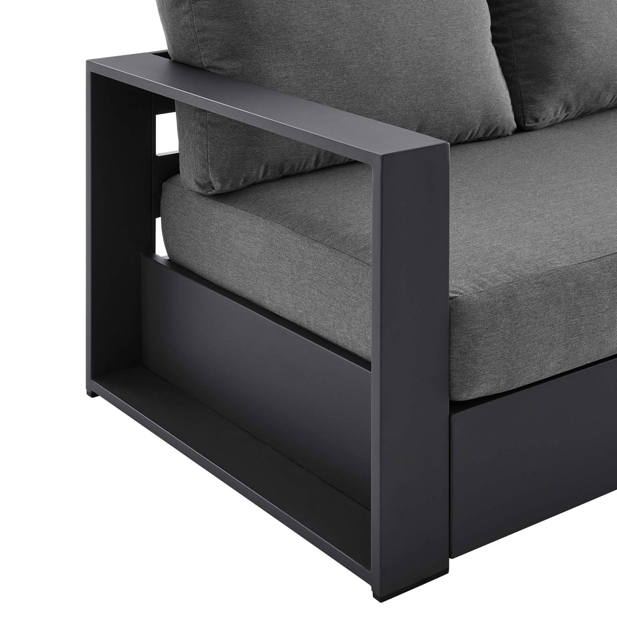 Close-up of the Tahoe sofa arm shelf, highlighting the smooth charcoal finish and tailored cushion seams. || EEI-5676-GRY-CHA || detail_studio
