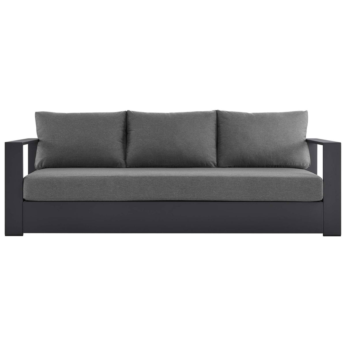 Tahoe aluminum outdoor sofa with charcoal frame and dark gray cushions in a clean modern silhouette. || EEI-5676-GRY-CHA || front_studio
