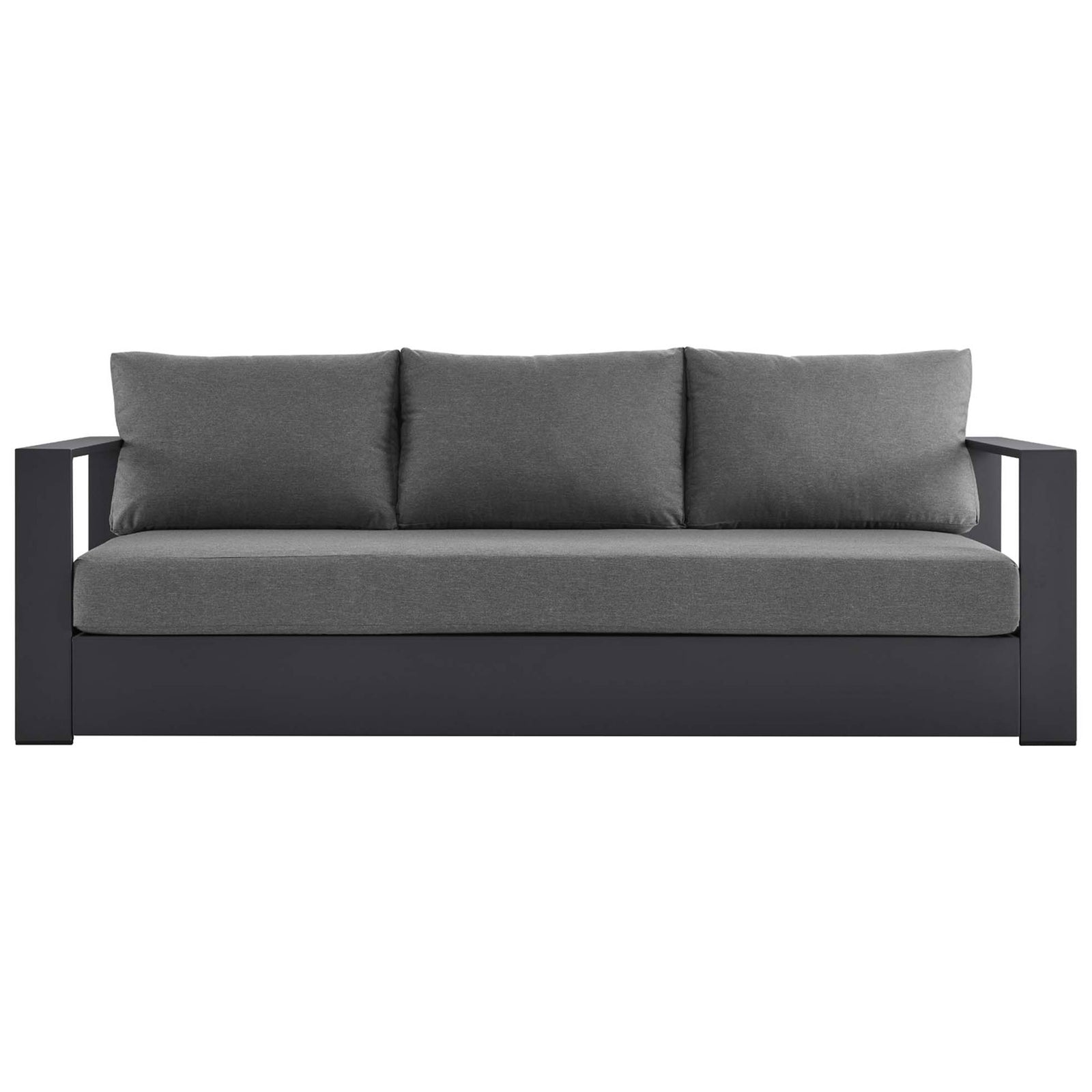Tahoe aluminum outdoor sofa with charcoal frame and dark gray cushions in a clean modern silhouette. || EEI-5676-GRY-CHA || front_studio