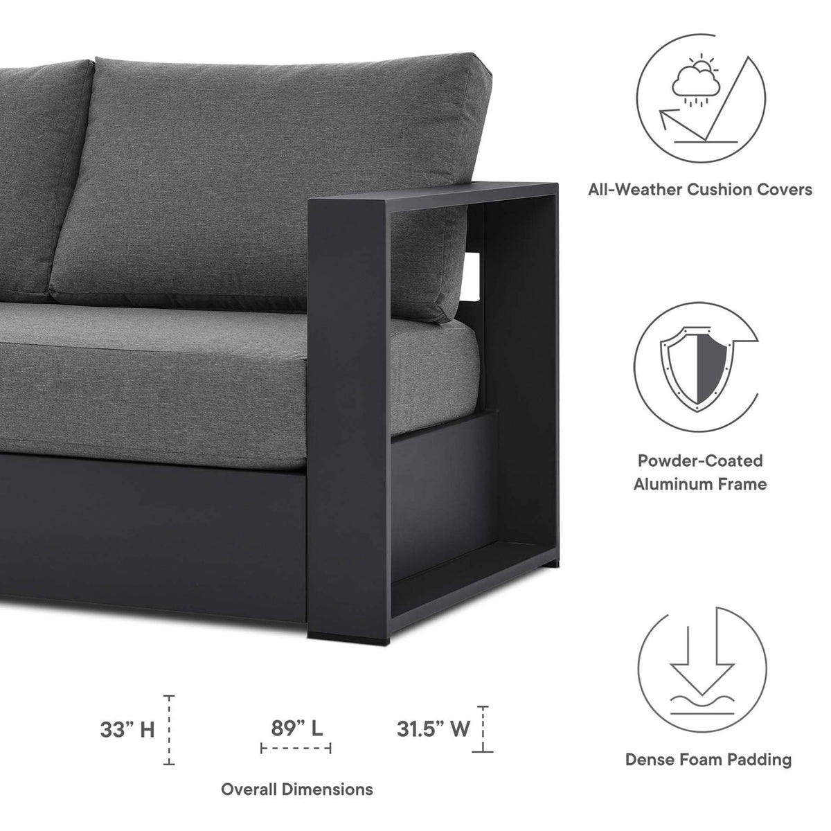Dimension layout of the Tahoe aluminum sofa with overall length, width, and height marked. || EEI-5676-GRY-CHA || dimension_studio