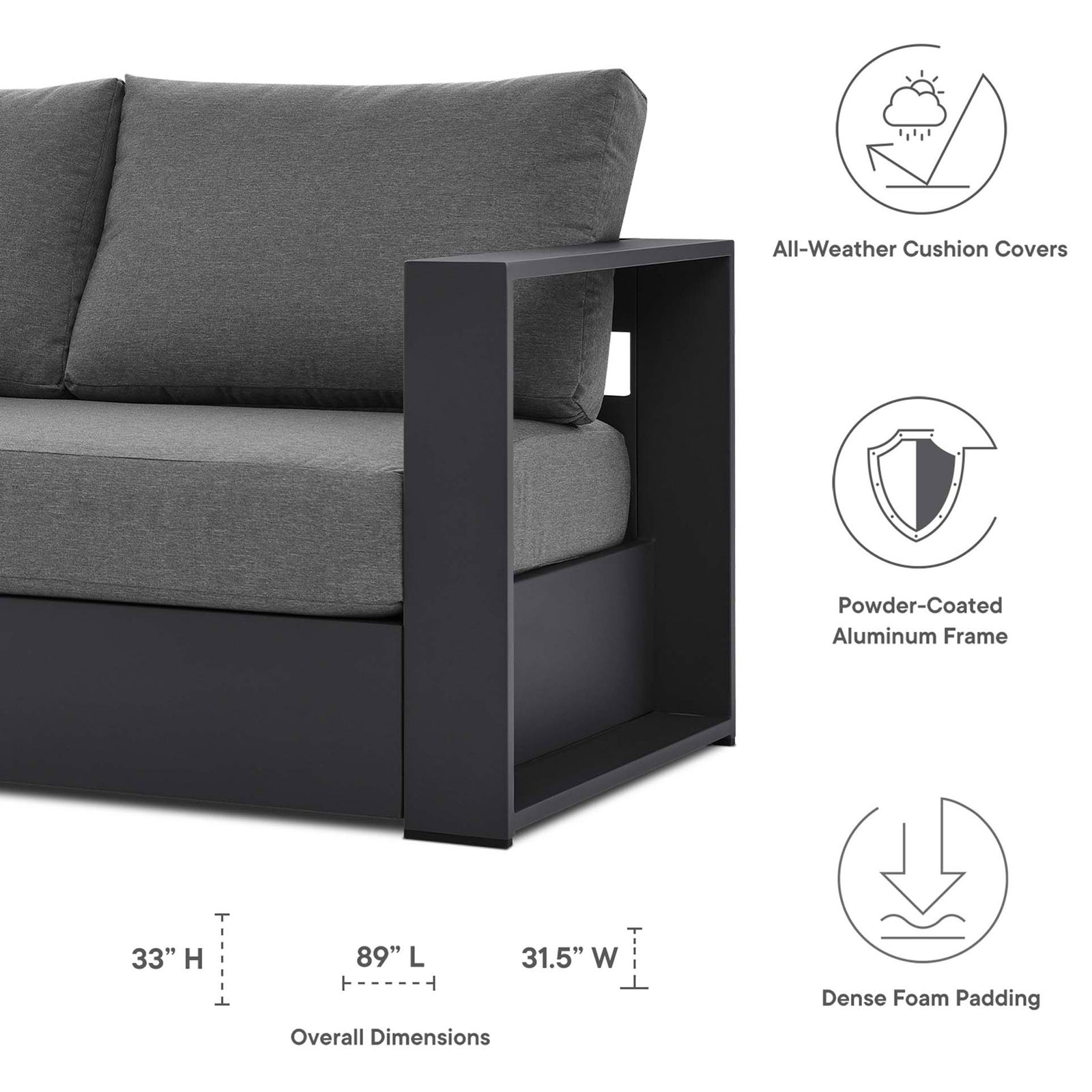 Dimension layout of the Tahoe aluminum sofa with overall length, width, and height marked. || EEI-5676-GRY-CHA || dimension_studio