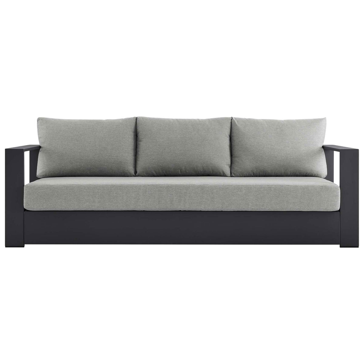 Tahoe aluminum outdoor sofa with charcoal frame and light gray cushions in a sleek, linear design. || EEI-5676-GRY-GRY || front_studio