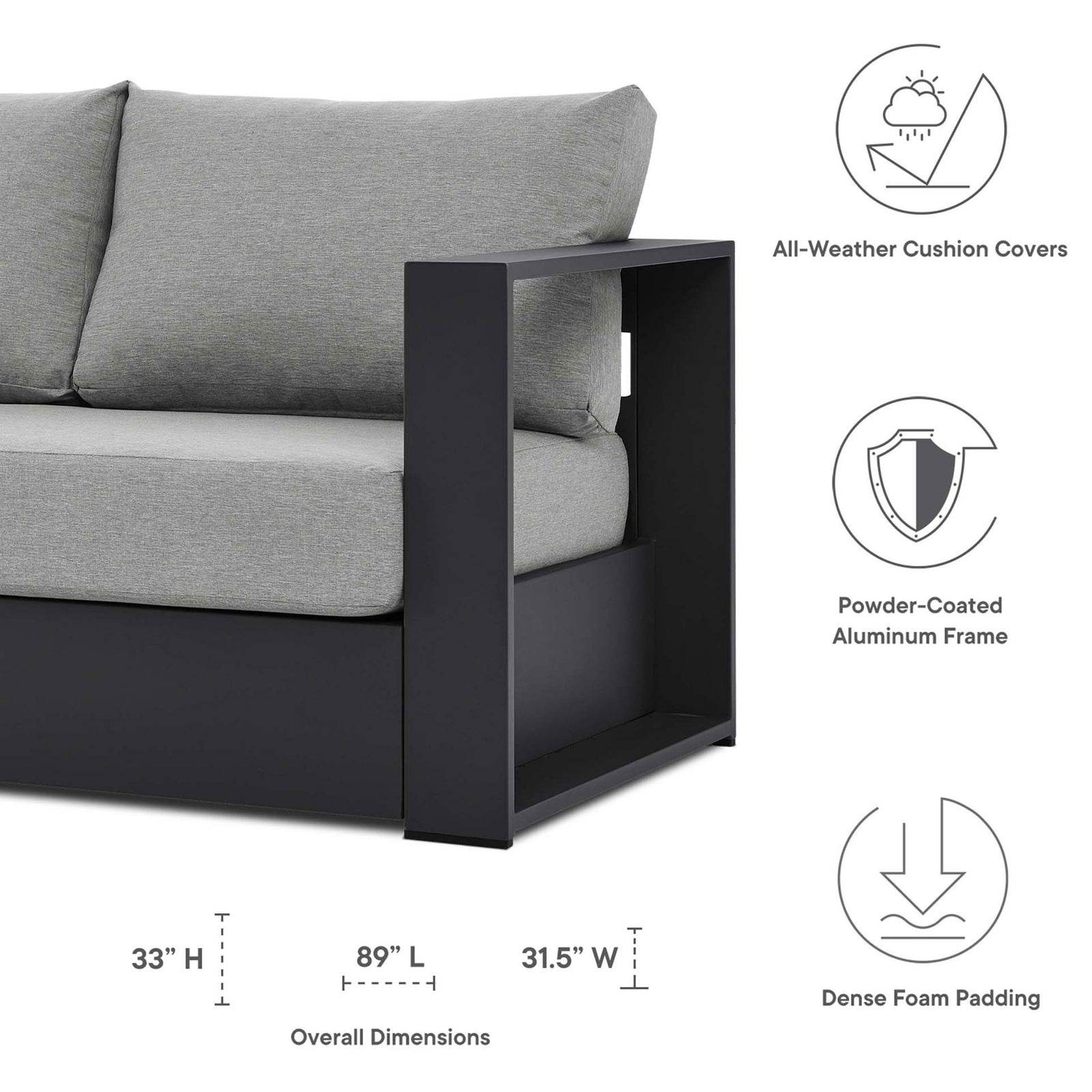 Dimension chart for the Tahoe charcoal and gray outdoor sofa with overall size labeled. || EEI-5676-GRY-GRY || dimension_studio