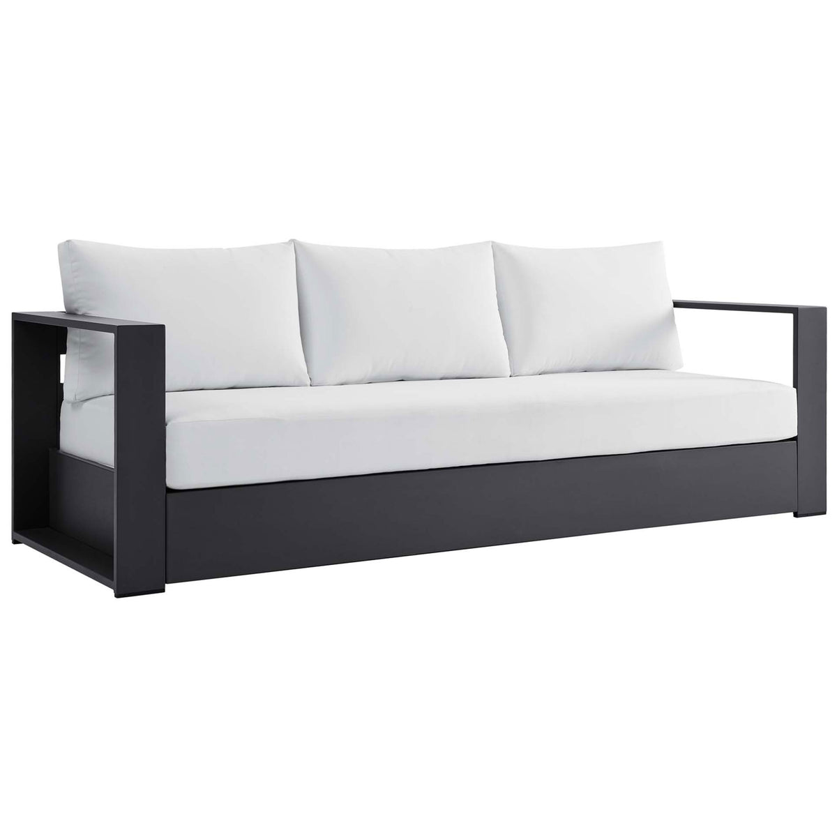 Three-seat Tahoe sofa showcasing a dark charcoal base with bright white cushions. || EEI-5676-GRY-WHI || front_angle_studio