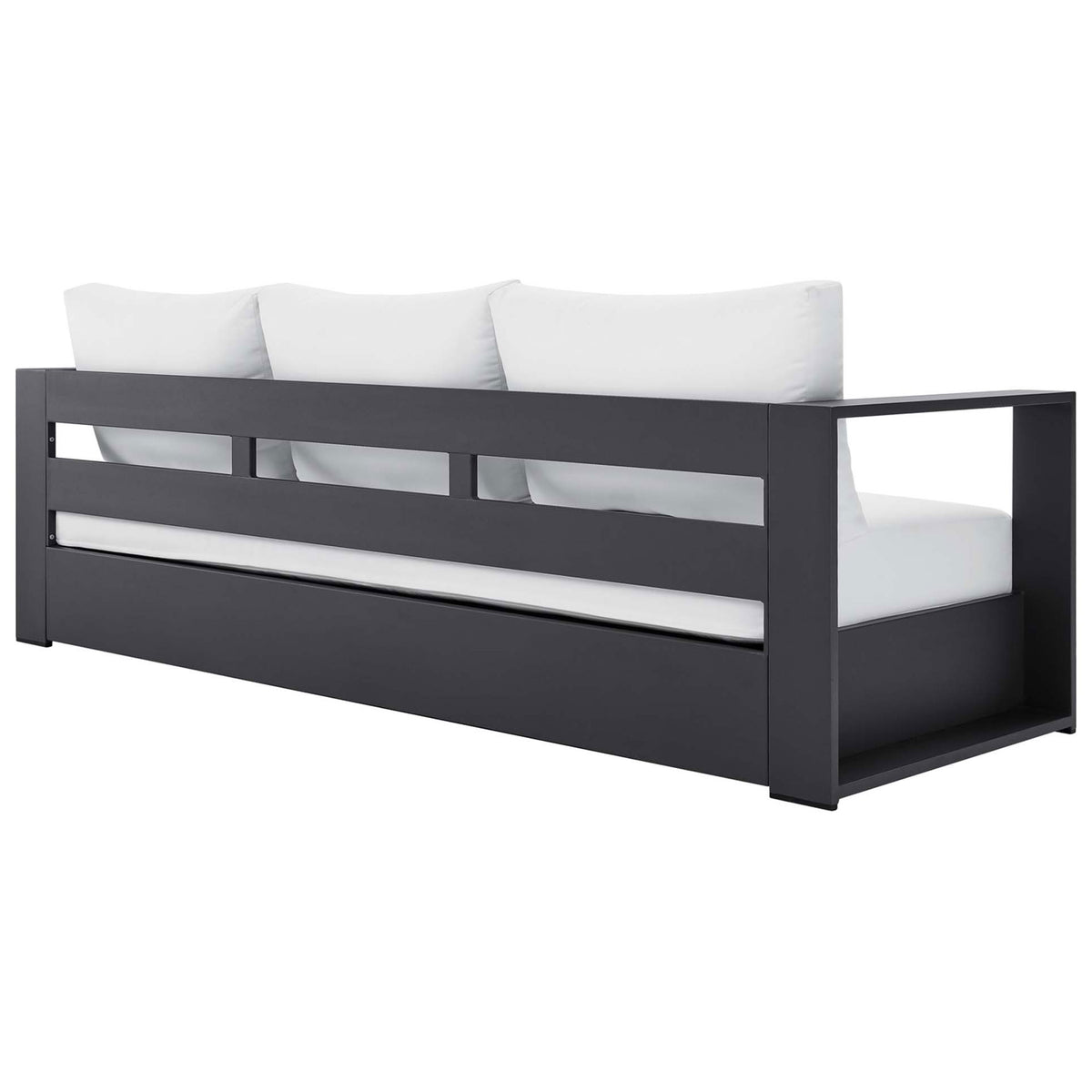 Charcoal aluminum back frame with open slats supporting the Tahoe sofa's white cushions. || EEI-5676-GRY-WHI || back_angle_studio