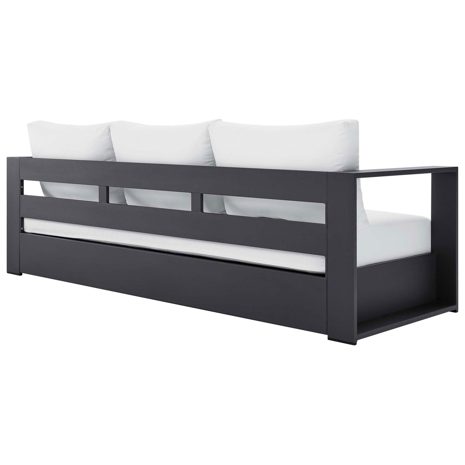 Charcoal aluminum back frame with open slats supporting the Tahoe sofa's white cushions. || EEI-5676-GRY-WHI || back_angle_studio
