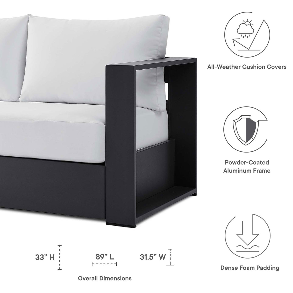 Dimension overview for the Tahoe charcoal and white outdoor sofa with measurements labeled. || EEI-5676-GRY-WHI || dimension_studio