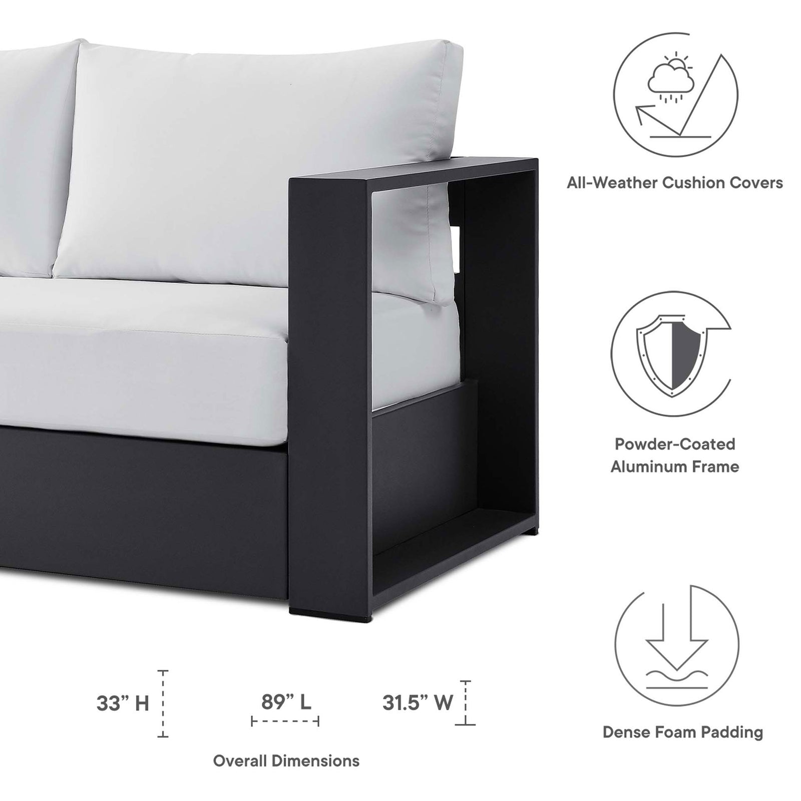 Dimension overview for the Tahoe charcoal and white outdoor sofa with measurements labeled. || EEI-5676-GRY-WHI || dimension_studio