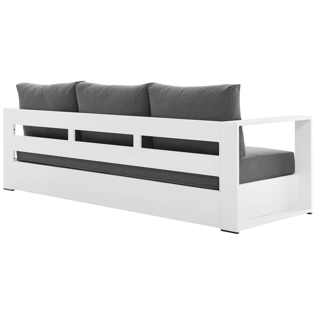 Tahoe outdoor sofa with slatted white back panel and coordinating charcoal cushions. || EEI-5676-WHI-CHA || back_angle_studio