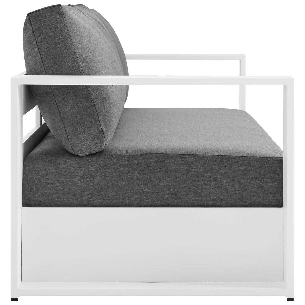 Side profile of the Tahoe sofa with broad white arms and thick charcoal seat cushions. || EEI-5676-WHI-CHA || side_studio