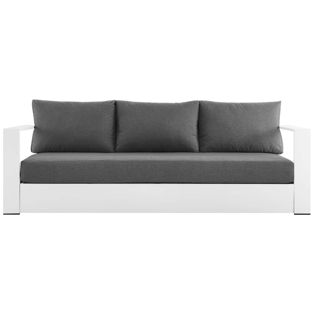 Tahoe aluminum outdoor sofa with crisp white frame and deep charcoal cushions for bold contrast. || EEI-5676-WHI-CHA || front_studio