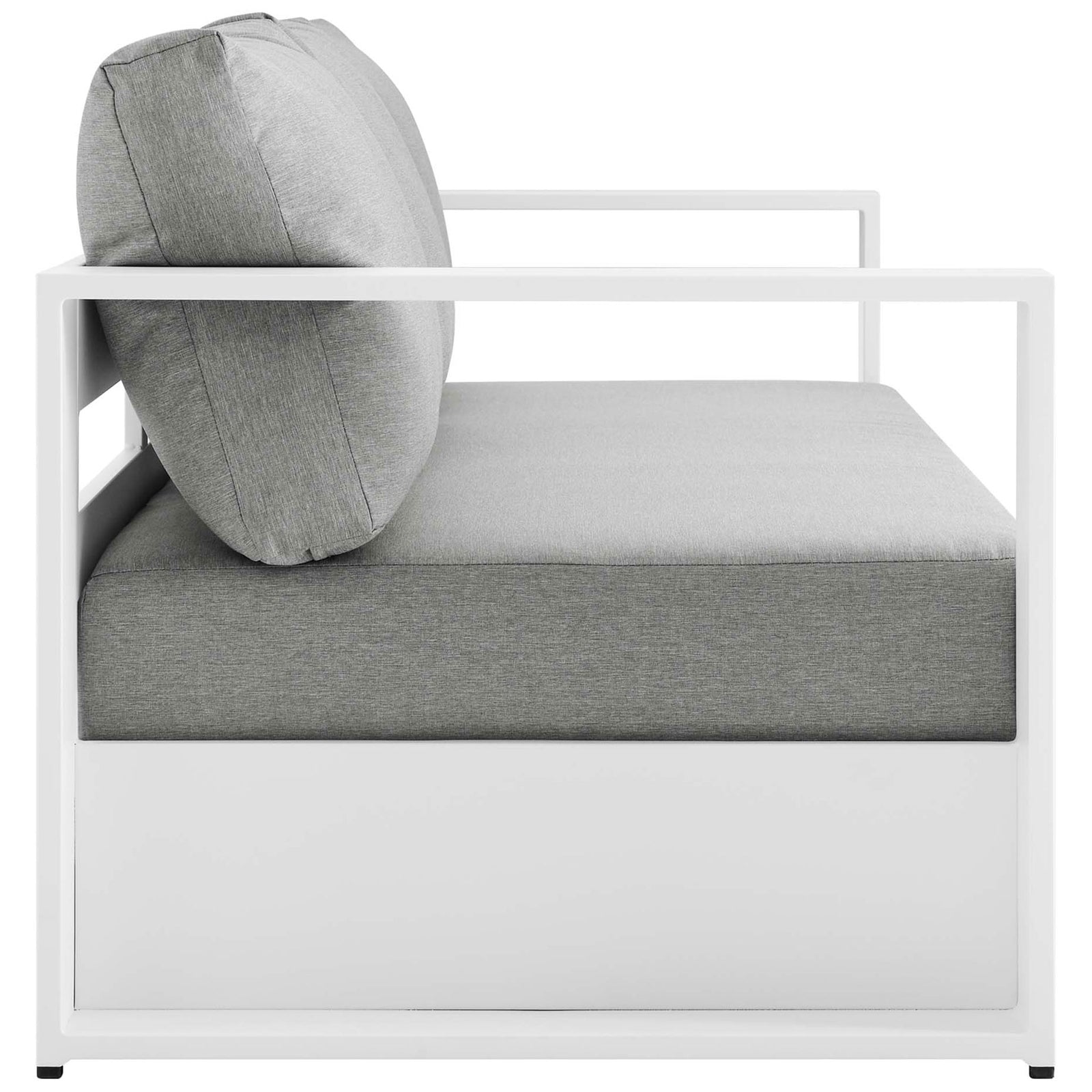 Slim side profile of the Tahoe sofa with broad white arms and thick gray seating. || EEI-5676-WHI-GRY || side_studio