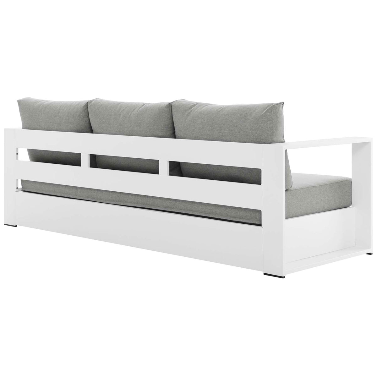 White aluminum back frame with open slats supporting the Tahoe sofa's gray cushions. || EEI-5676-WHI-GRY || back_angle_studio