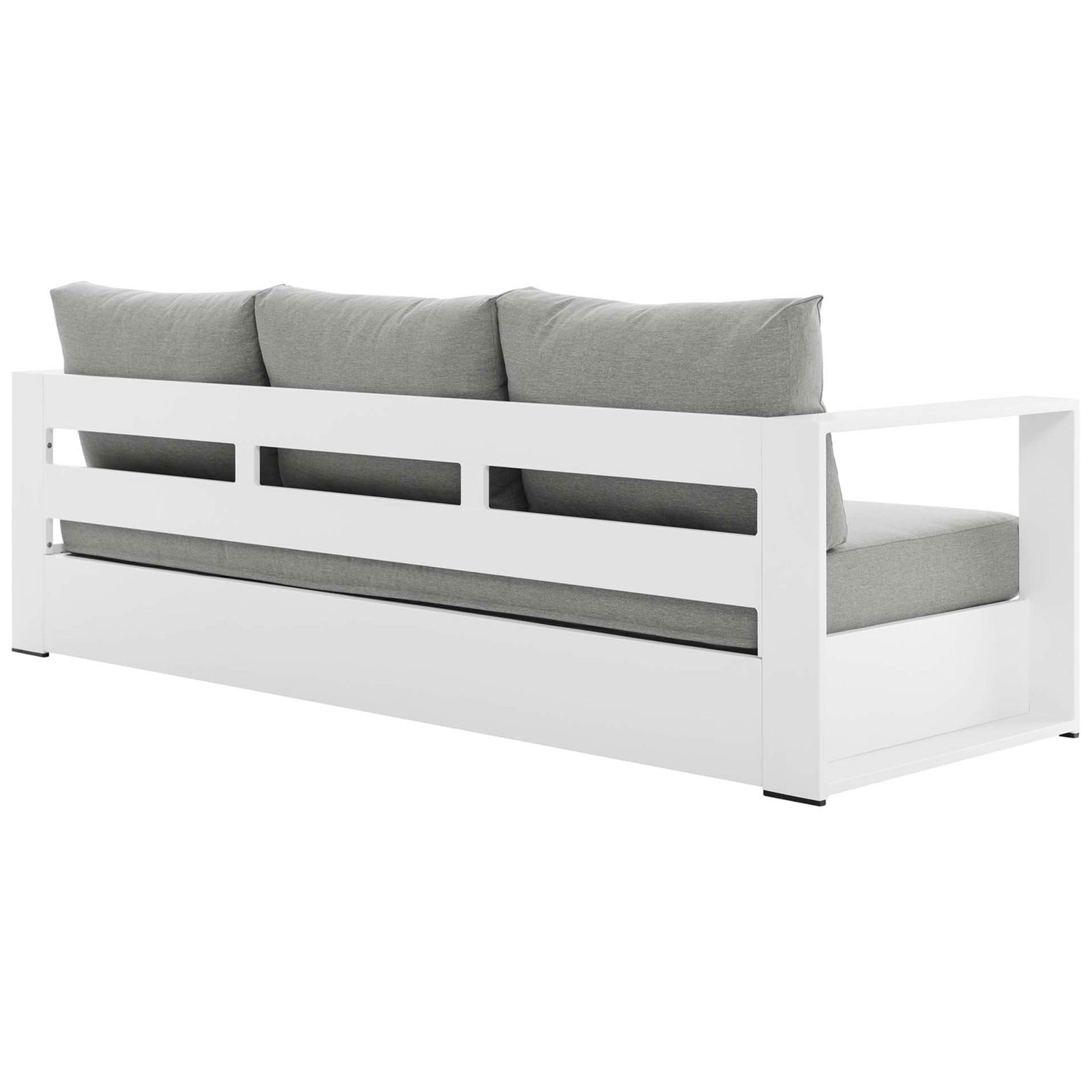 White aluminum back frame with open slats supporting the Tahoe sofa's gray cushions. || EEI-5676-WHI-GRY || back_angle_studio