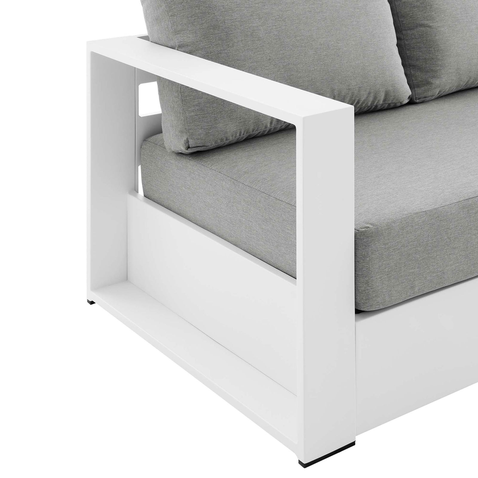 Detail of the Tahoe sofa arm shelf, showcasing the smooth white finish and tailored cushions. || EEI-5676-WHI-GRY || detail_studio