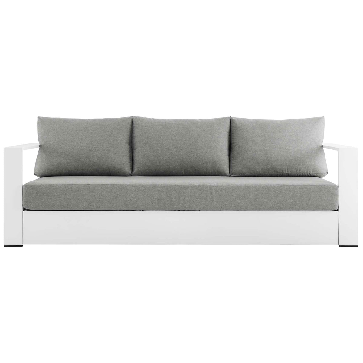 Tahoe aluminum outdoor sofa with bright white frame and light gray cushions for a fresh modern look. || EEI-5676-WHI-GRY || front_studio