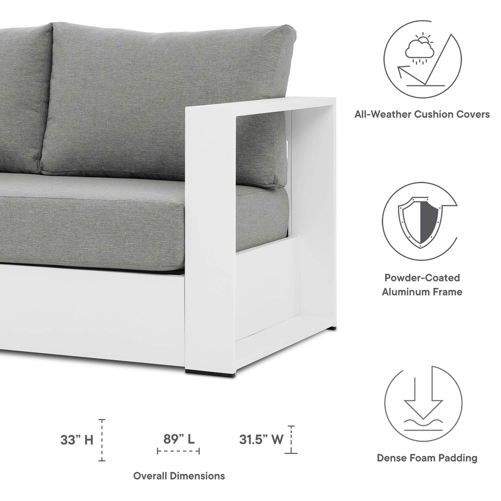 Dimension graphic for the Tahoe white and gray outdoor sofa with key measurements labeled. || EEI-5676-WHI-GRY || dimension_studio