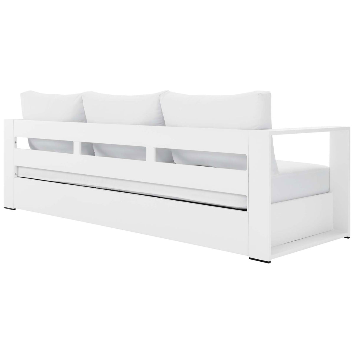 White aluminum back frame with open slats supporting the Tahoe sofa's all-white cushions. || EEI-5676-WHI-WHI || back_angle_studio