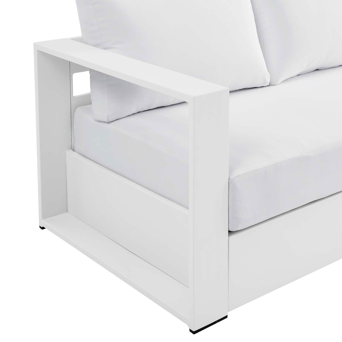 Detail of the Tahoe sofa arm, emphasizing the smooth white finish and plush cushion edge. || EEI-5676-WHI-WHI || detail_studio