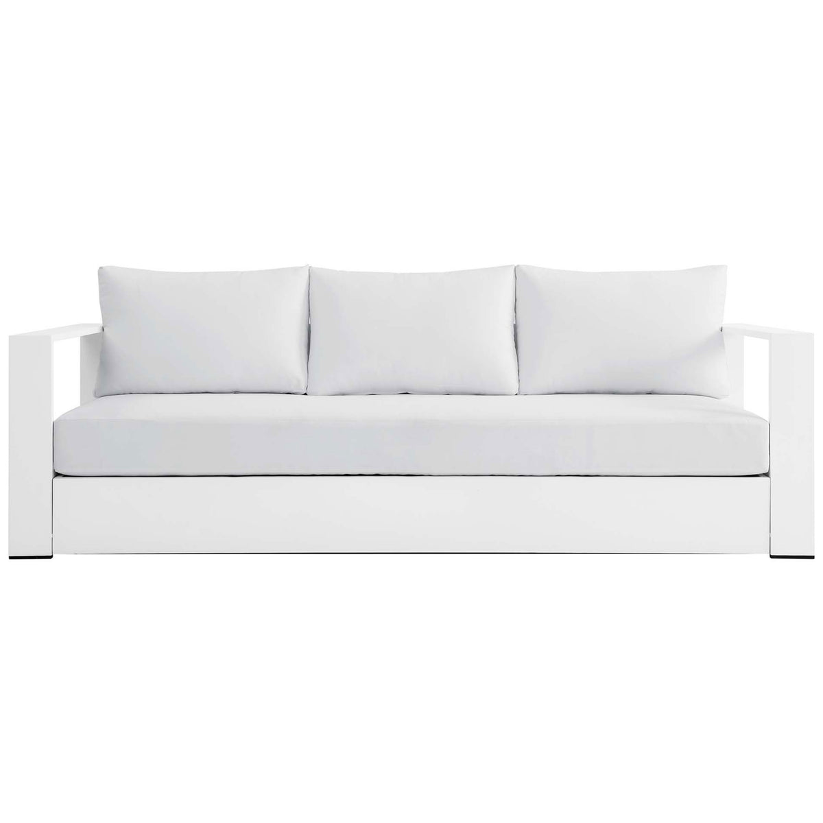 Tahoe aluminum outdoor sofa in all white, with generous cushions and clean modern lines. || EEI-5676-WHI-WHI || front_studio
