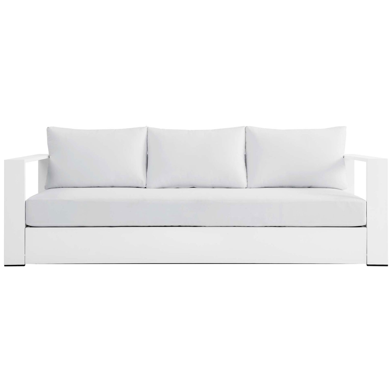 Tahoe aluminum outdoor sofa in all white, with generous cushions and clean modern lines. || EEI-5676-WHI-WHI || front_studio