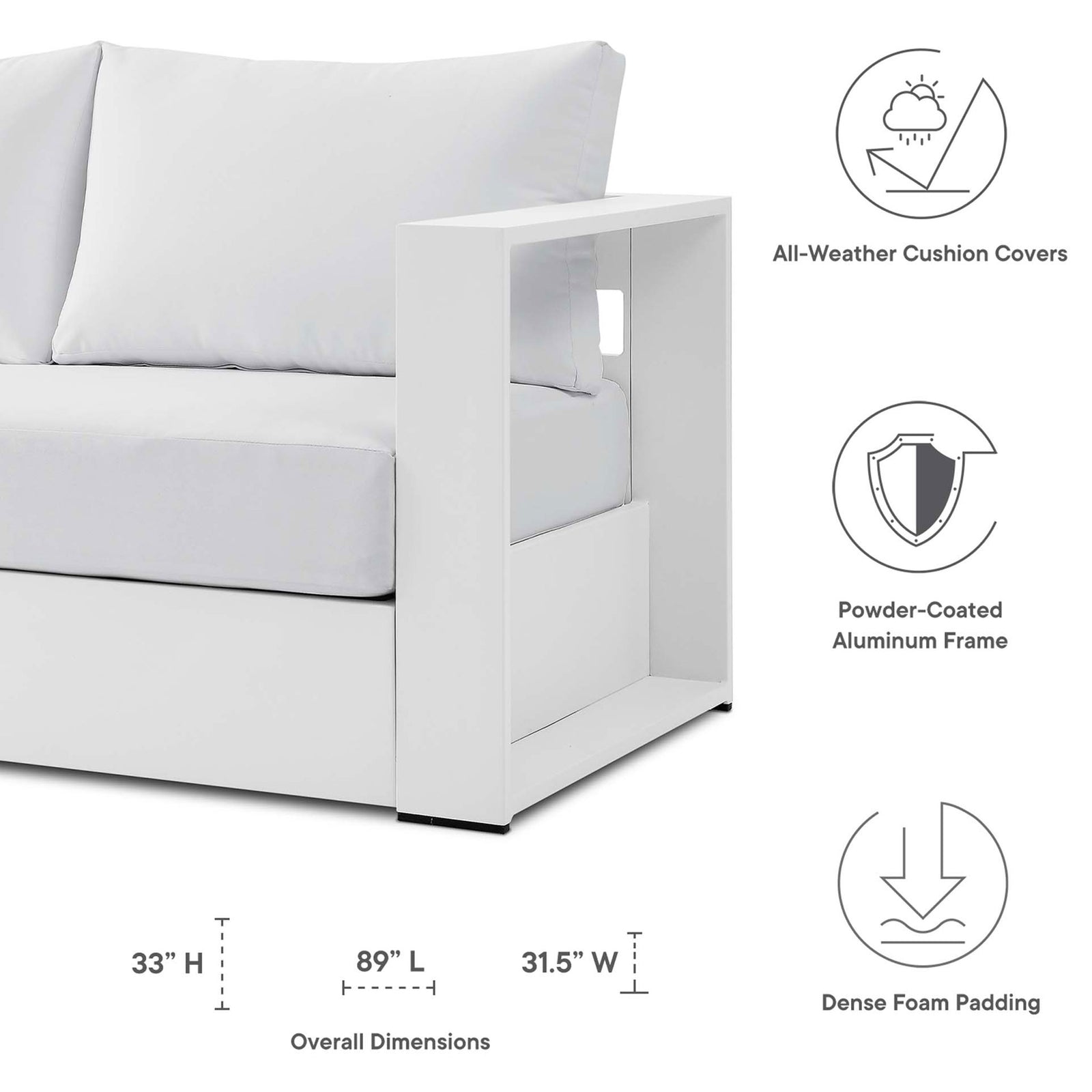 Dimension diagram for the Tahoe all-white outdoor sofa with width, depth, and height marked. || EEI-5676-WHI-WHI || dimension_studio