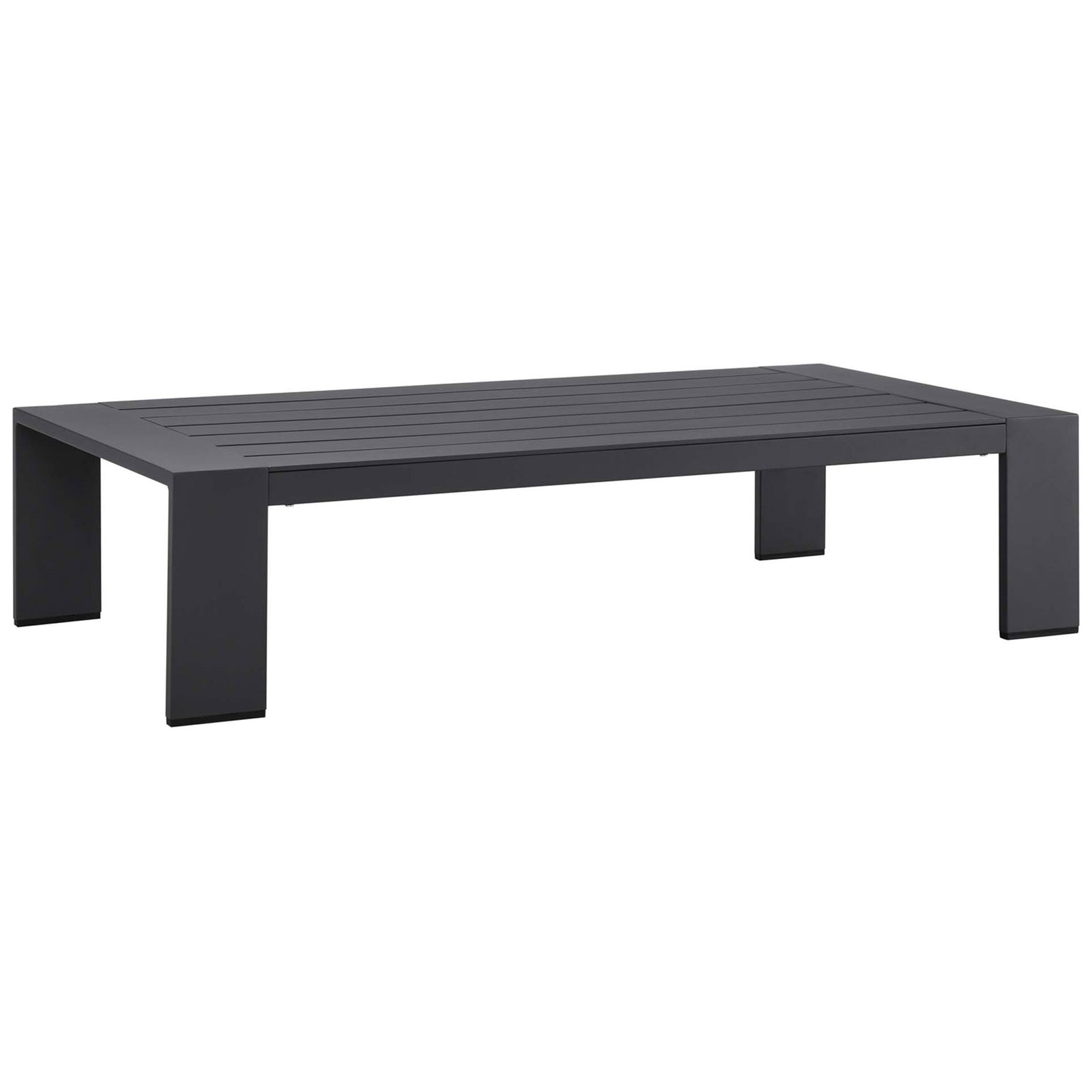 Gray powder-coated aluminum outdoor coffee table with slatted top and bold block legs || EEI-5677-GRY || front_angle_studio