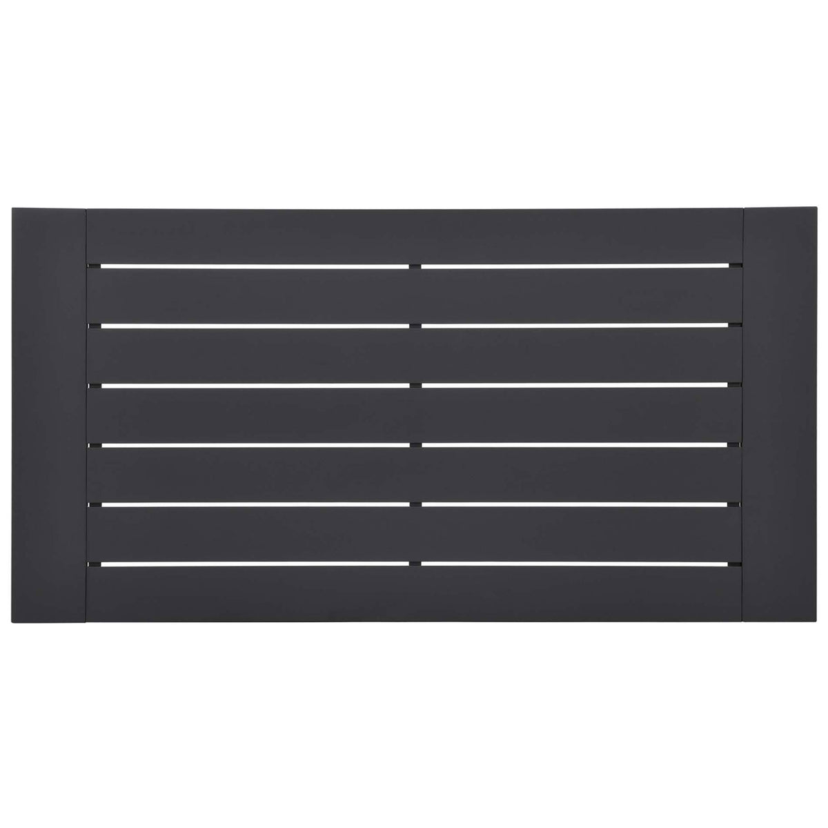 Top view of the gray aluminum coffee table slatted surface for quick-draining outdoor use || EEI-5677-GRY || top_studio