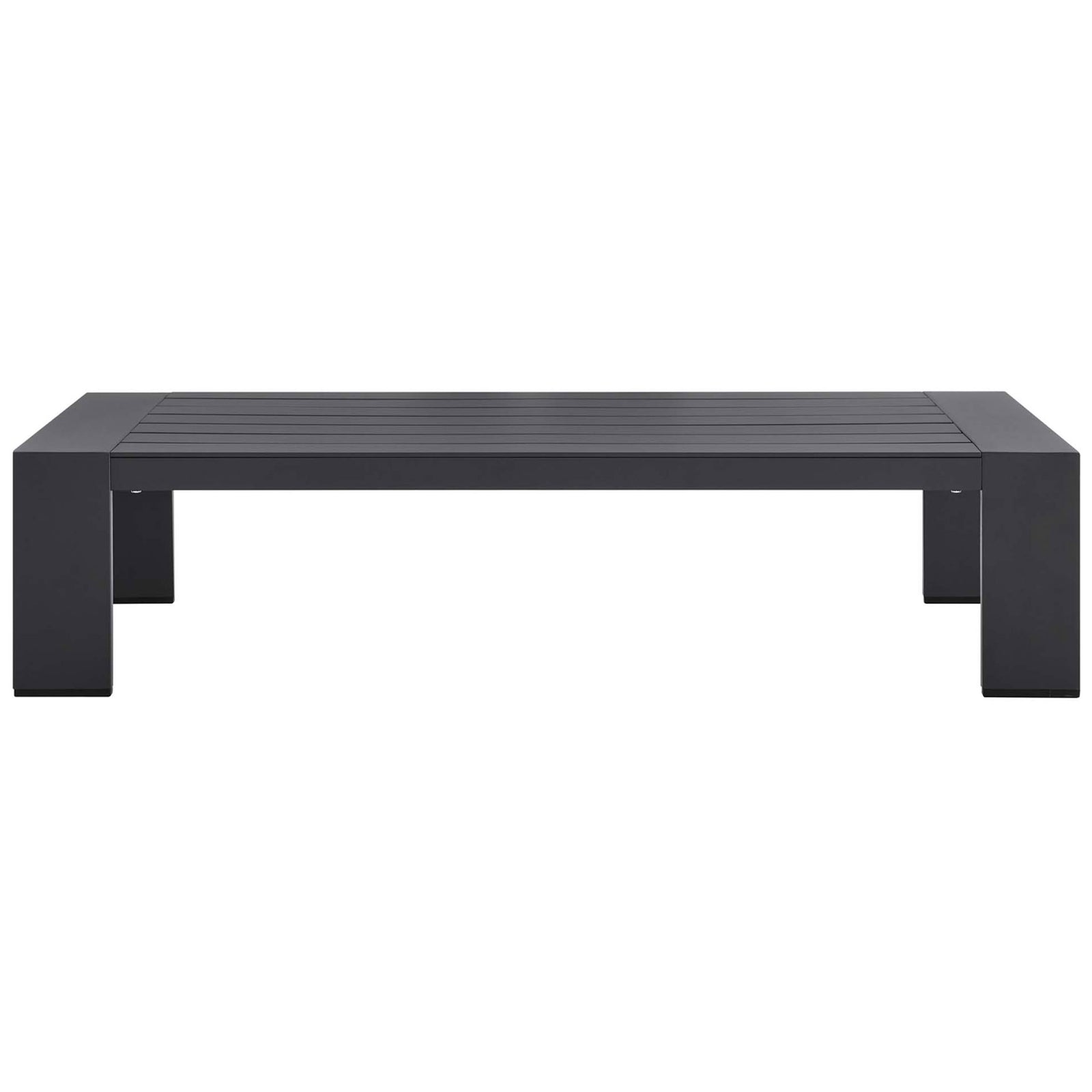 Low-profile gray aluminum coffee table highlighting its wide, modern rectangular frame || EEI-5677-GRY || front_studio