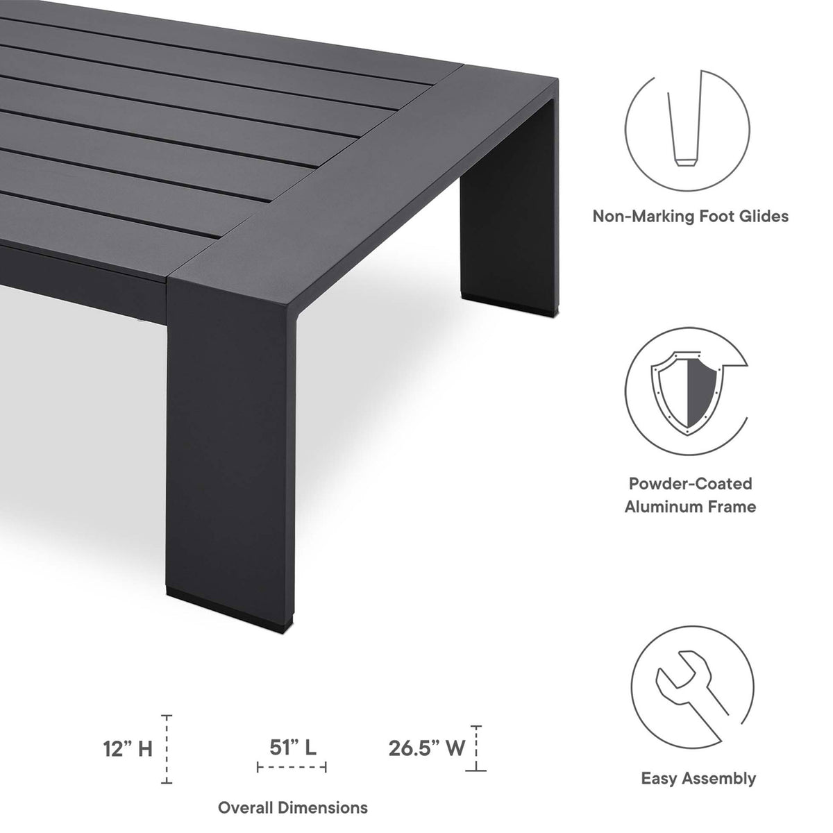 Feature callout image for Tahoe gray aluminum table with dimensions and key benefits || EEI-5677-GRY || callout_studio