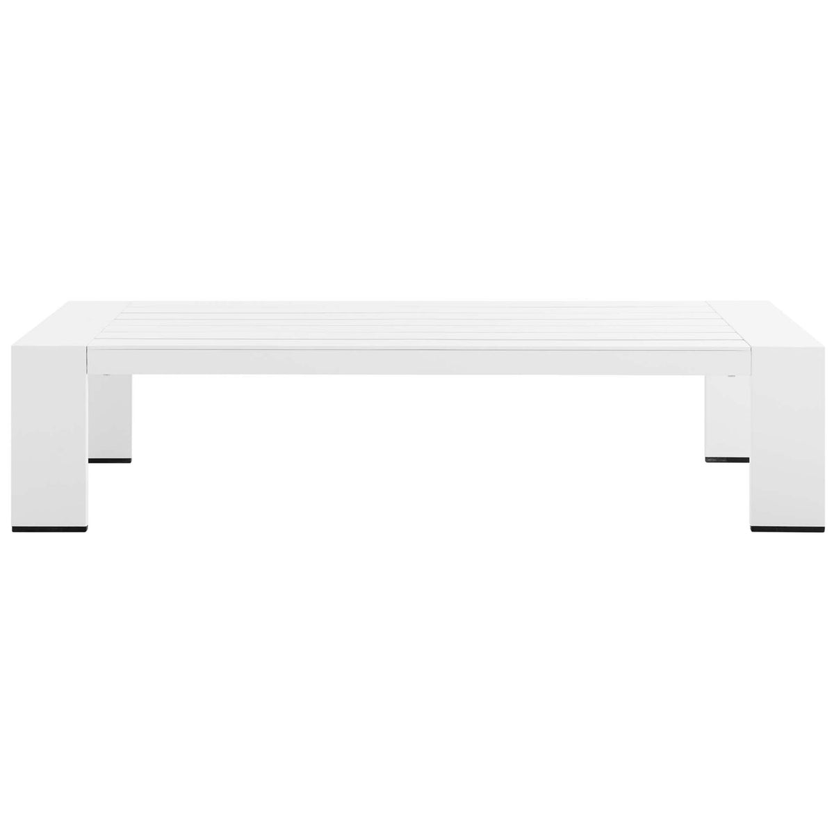Low-profile white aluminum coffee table showing its wide, modern rectangular frame || EEI-5677-WHI || front_studio