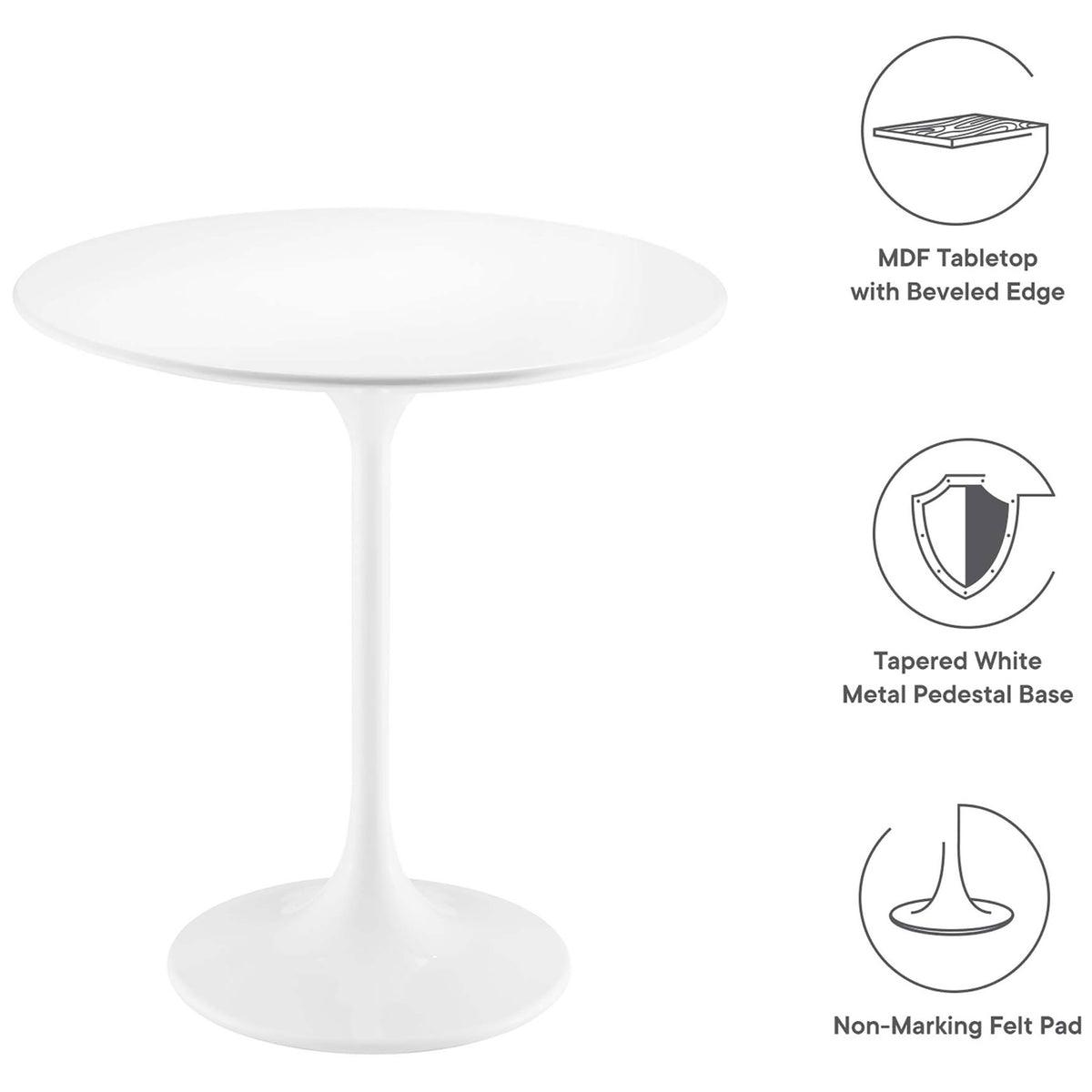 Feature overview of the Lippa side table with MDF top, tapered metal base, and non-marking felt pad || EEI-5678-WHI-WHI || callout_studio