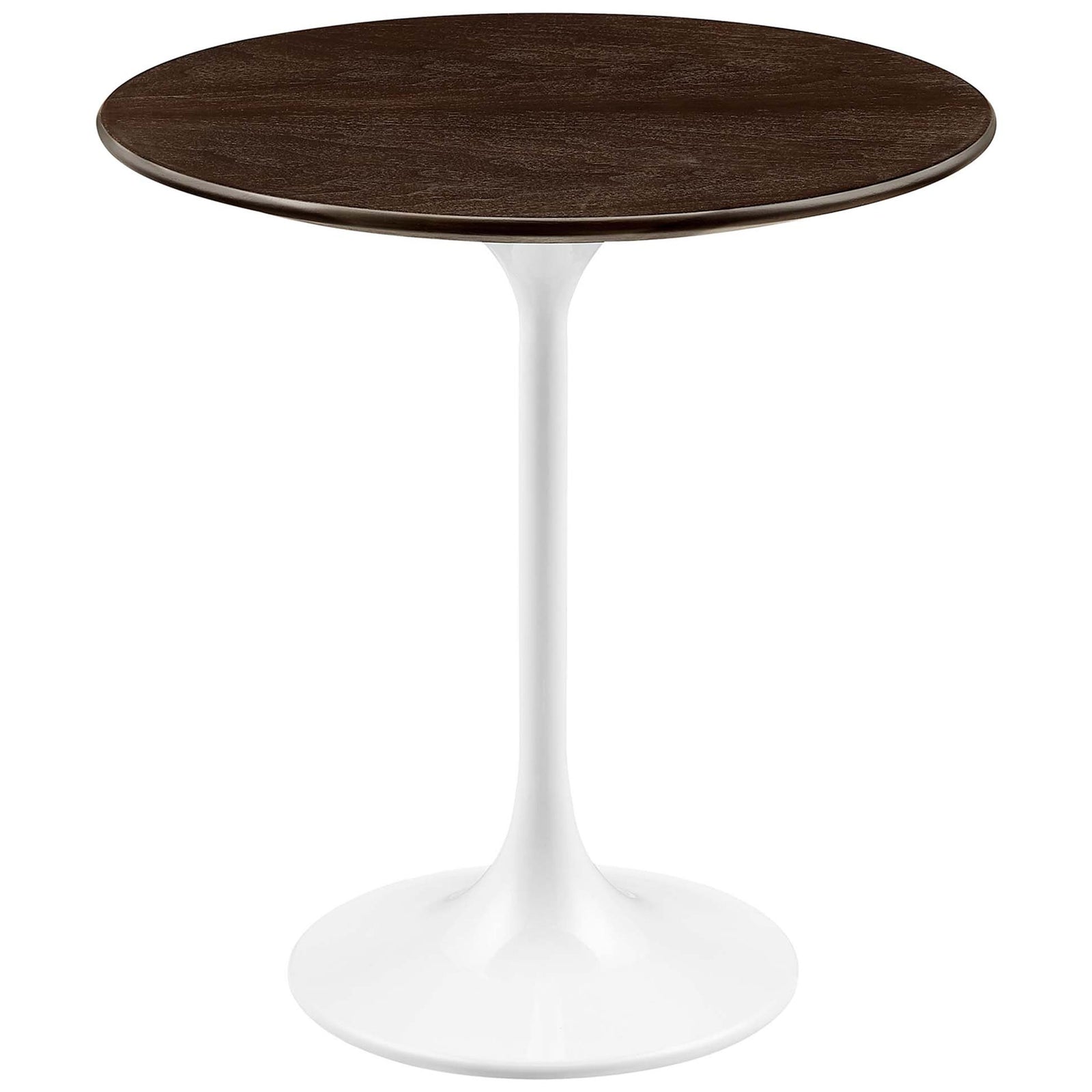 Compact round side table with rich walnut wood top and smooth white pedestal base || EEI-5679-WHI-CHE || front_studio