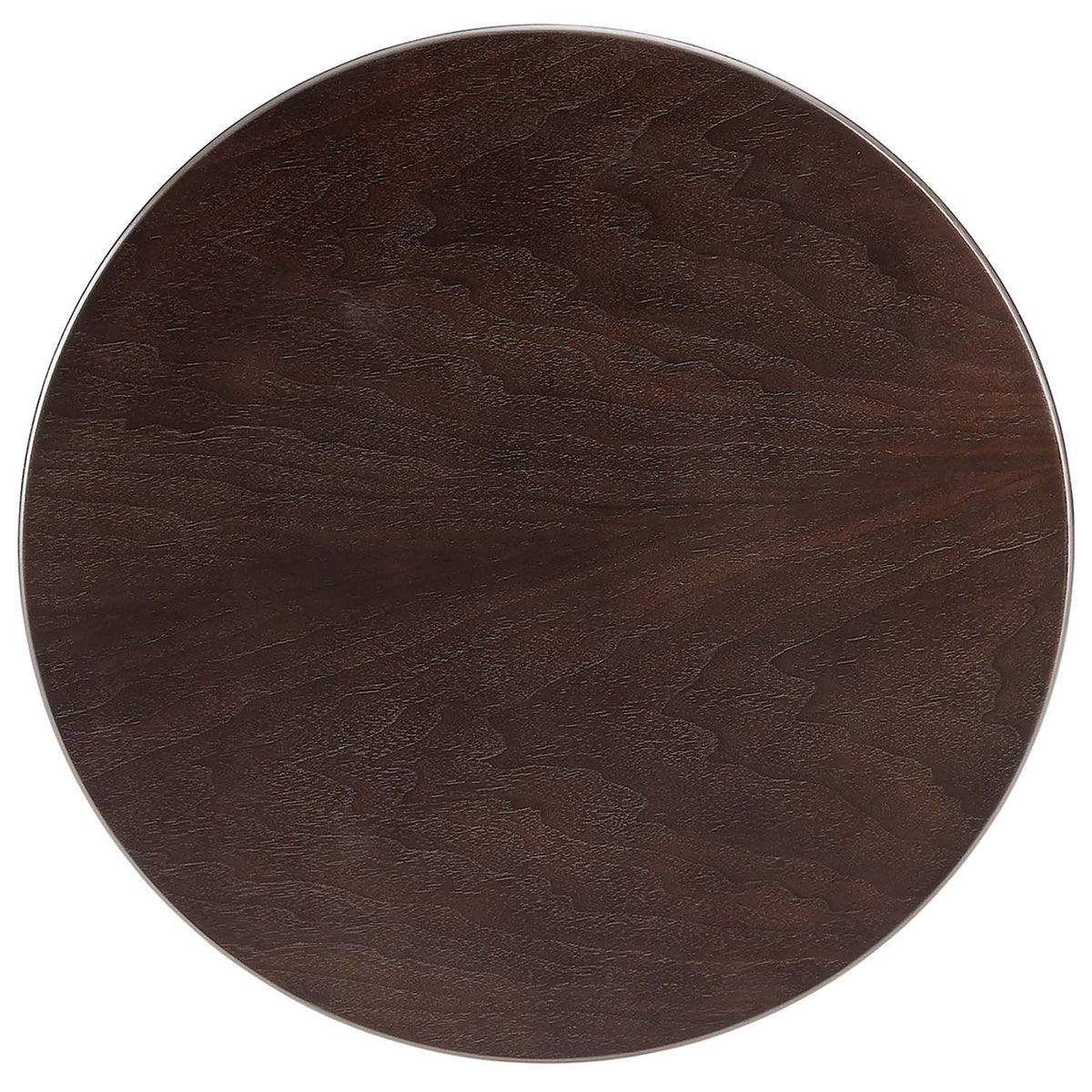 Round wood grain tabletop in warm walnut finish with subtle beveled edge detail || EEI-5679-WHI-CHE || top_studio