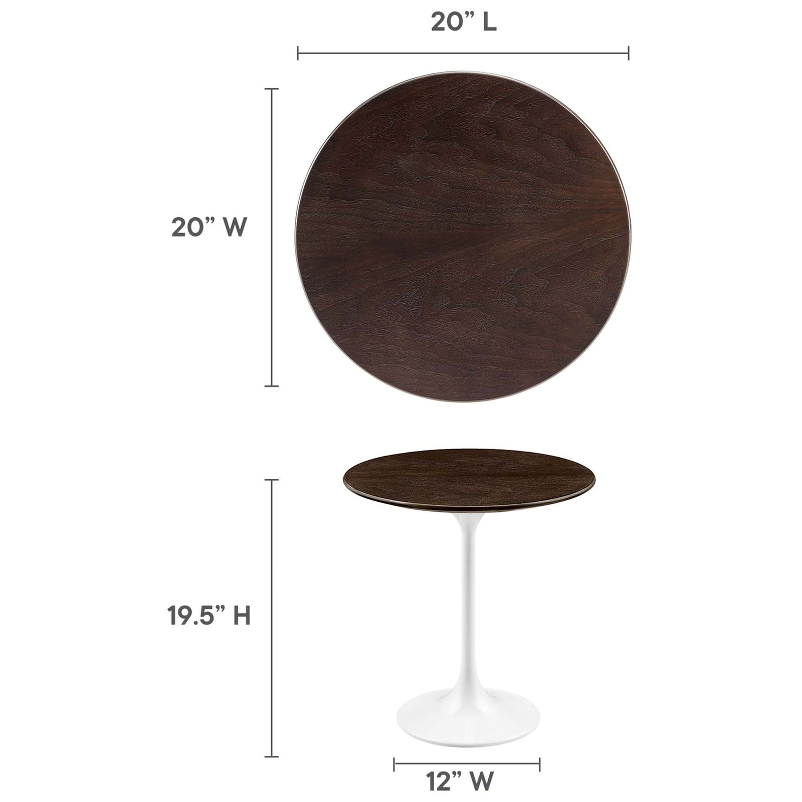 Dimension view of the round side table showing 20 inch top and 19.5 inch height measurements || EEI-5679-WHI-CHE || dimension_studio