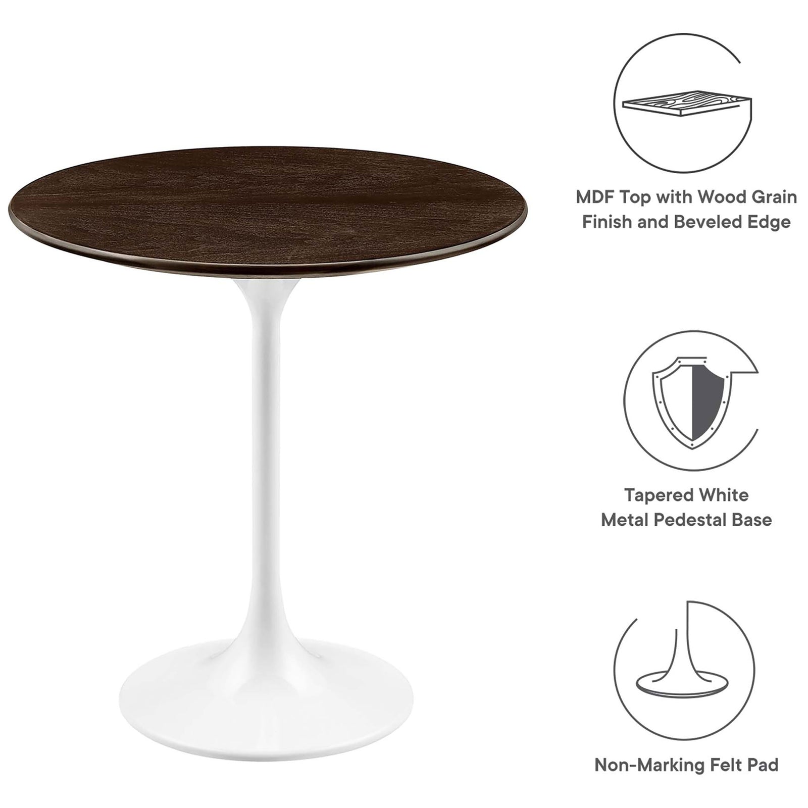 Feature view highlighting the wood grain veneer top, white pedestal base, and non-marking felt pad || EEI-5679-WHI-CHE || callout_studio