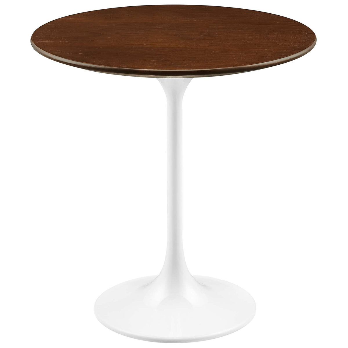 Modern round side table with walnut wood grain top and sleek white pedestal base || EEI-5679-WHI-WAL || front_studio