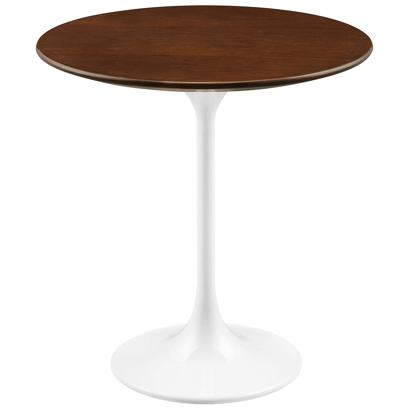 Modern round side table with walnut wood grain top and sleek white pedestal base || EEI-5679-WHI-WAL || front_studio