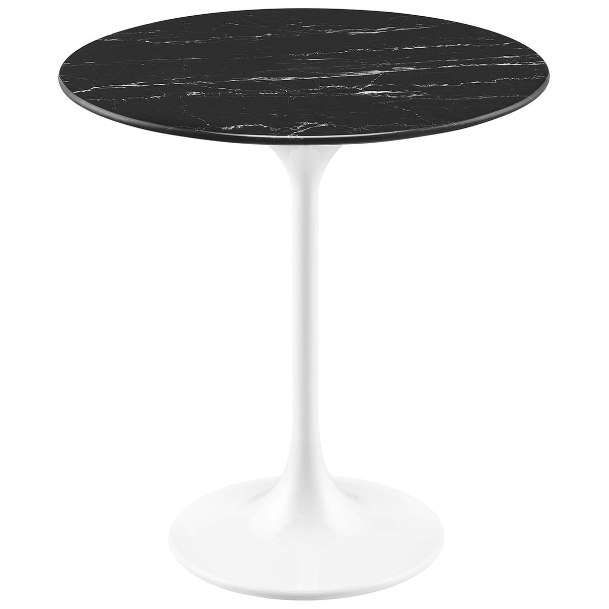 Black faux marble round side table with sleek white tulip pedestal base. || EEI-5680-WHI-BLK || front_angle_studio