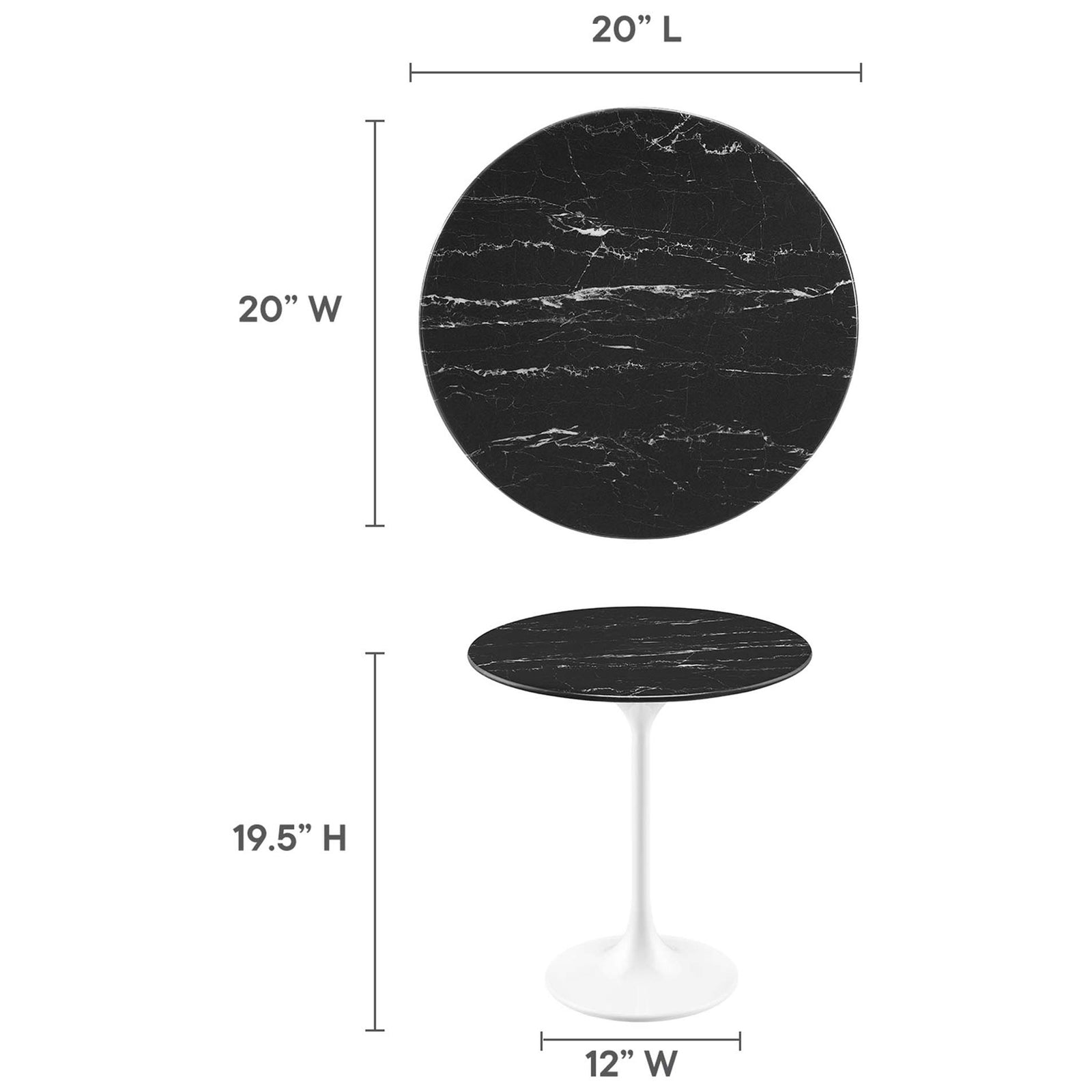 Size guide for the Lippa round side table with 20 inch top and 19.5 inch height. || EEI-5680-WHI-BLK || dimension_studio