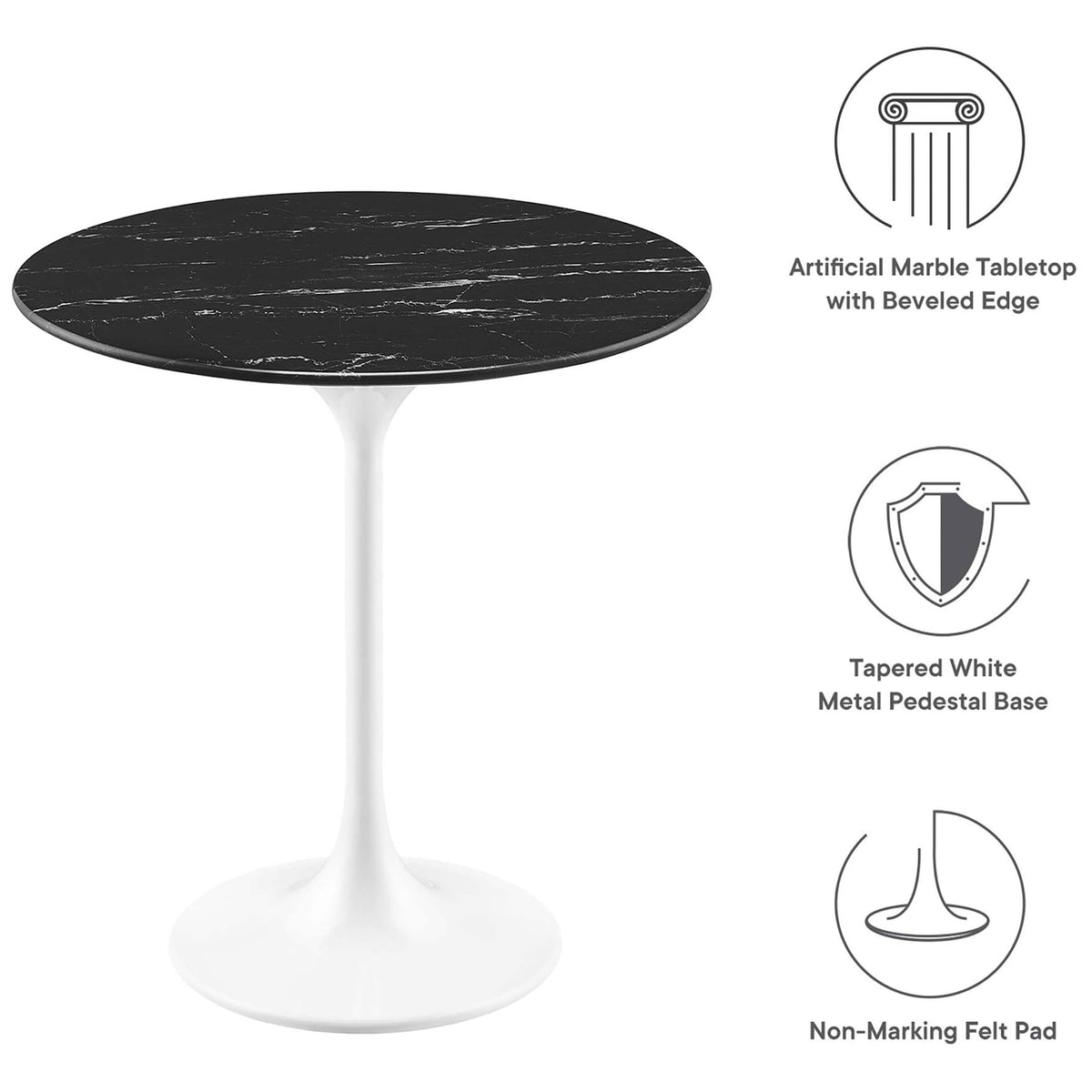 Feature highlights of the Lippa side table with faux marble top and metal pedestal base. || EEI-5680-WHI-BLK || callout_studio